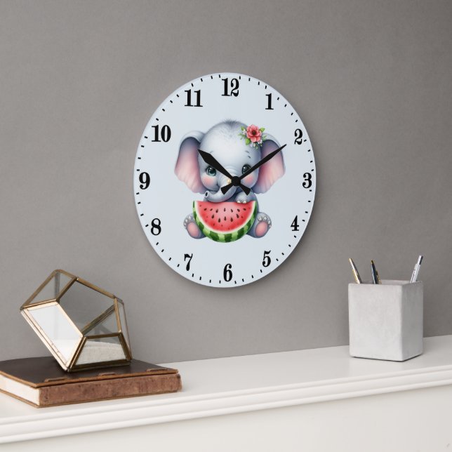 Grande Horloge Ronde Amoureux de pastèque éléphant mignon (Bureau)
