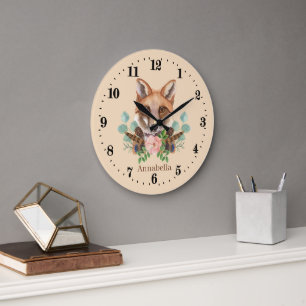 Grande Horloge Ronde amoureux de renard mignon ajouter nom 