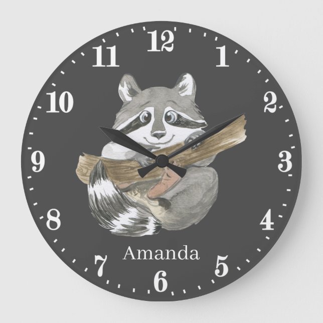Grande Horloge Ronde amoureux des animaux de raton laveur mignons ajout (Recto)