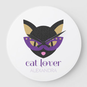 Grande Horloge Ronde amoureux des chats mignon noir violet or Customisé