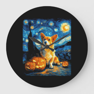 Grande Horloge Ronde Amoureux des chiens Corgi Peinture de la nuit étoi
