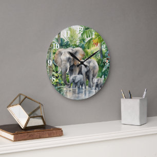 Grande Horloge Ronde Amoureux des éléphants de la jungle amusante 