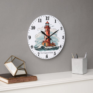 Grande Horloge Ronde Amoureux du phare de la plage mignonne ajouter nom
