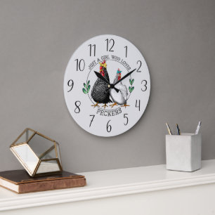 Grande Horloge Ronde amoureux du poulet amusant art du mot