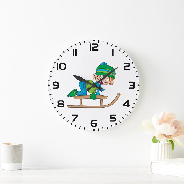 Grande Horloge Ronde Amusant Hiver Sledding Boy mignonne Snow Adventure (Créateur téléchargé)