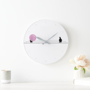 Grande Horloge Ronde Amusant mignon Bubble rose Oiseaux de gomme sur un
