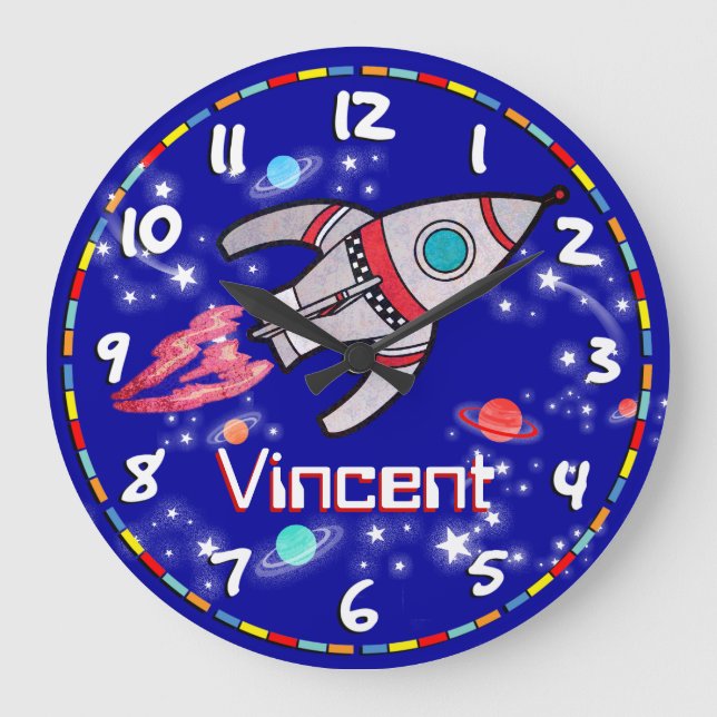 Grande Horloge Ronde Amusants enfants garçons roquette espace bleu mur  (Recto)