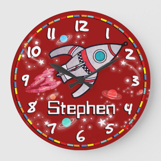 Grande Horloge Ronde Amusants enfants garçons roquette espace noir roug (Recto)