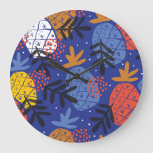 Grande Horloge Ronde Ananas Abstrait Feuille Vintage Motif