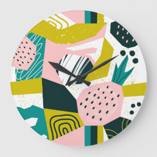 Grande Horloge Ronde Ananas Abstrait : Patchwork coloré sans fil