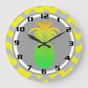 Grande Horloge Ronde Ananas Jaune et Gris Sunny sur Motif Chevron
