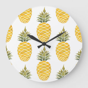 Grande Horloge Ronde Ananas Peint À La Main : Aquarelle Sans Couleur.