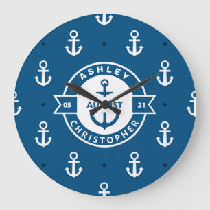 Grande Horloge Ronde Anchor patterns blue nautical wedding Large Clock