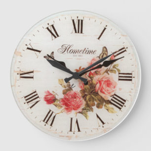 Grande Horloge Ronde Ancien Style Hometime   Roses rouges antiques   Ch