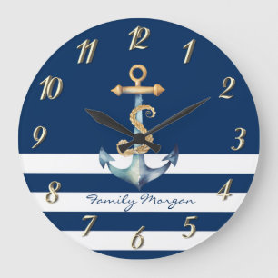 Grande Horloge Ronde Ancre de marine à rayures bleues marine aquarelle