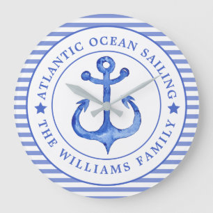 Grande Horloge Ronde Ancre marine Bleu rayé Personnalisé