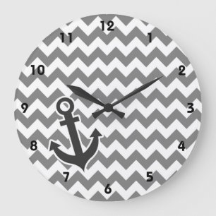 Grande Horloge Ronde Ancre nautique sur Chevron gris-foncé