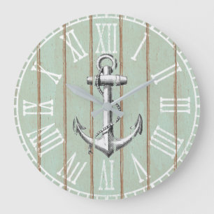 Grande Horloge Ronde Ancre nautique vintage sur vieux bois rustique