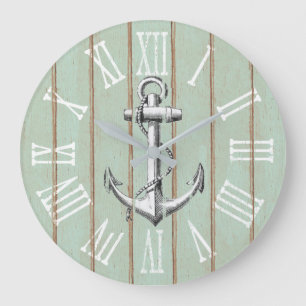 Grande Horloge Ronde Ancre Vintage Sur Le Thème Nautique Du Bois Rustiq