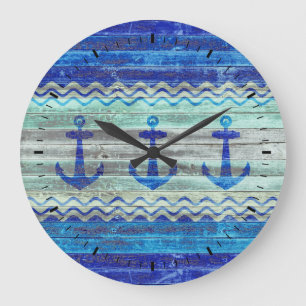 Grande Horloge Ronde Ancres de décor bleu marine