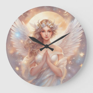 Grande Horloge Ronde ange gardien, peinture à l'aquarelle pastel