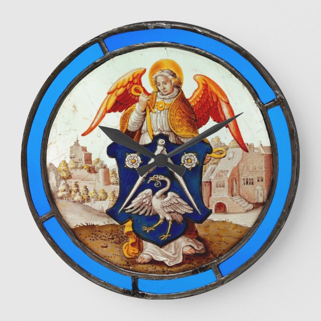 Grande Horloge Ronde Angel et armoiries en verre tendu médiéval (Recto)