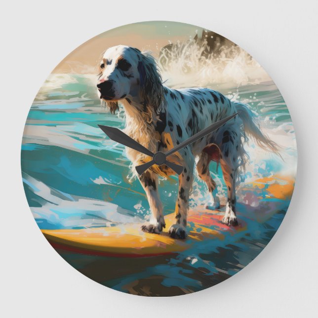 Grande Horloge Ronde Anglais Setter Beach Surfing Painting (Recto)