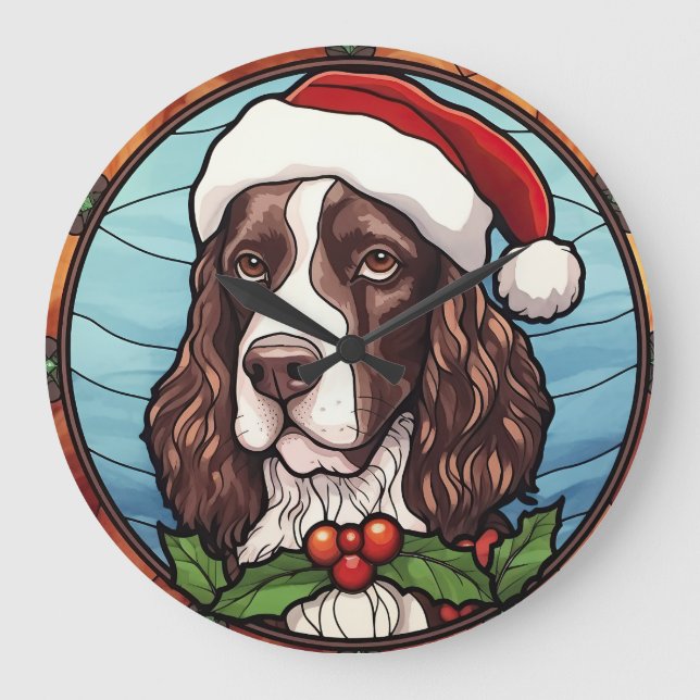 Grande Horloge Ronde Anglais Springer Spaniel Vitrail Noël (Recto)