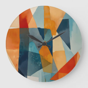 Grande Horloge Ronde Angles Abstraits de bleu et d'orange