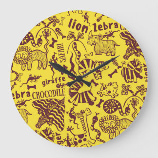 Grande Horloge Ronde Animaux africains : Motif culturel sans peau.