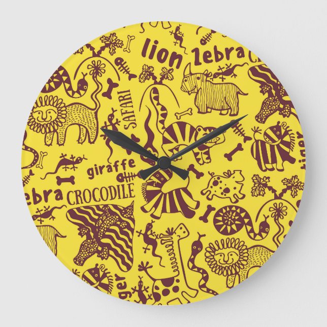 Grande Horloge Ronde Animaux africains : Motif culturel sans peau. (Recto)