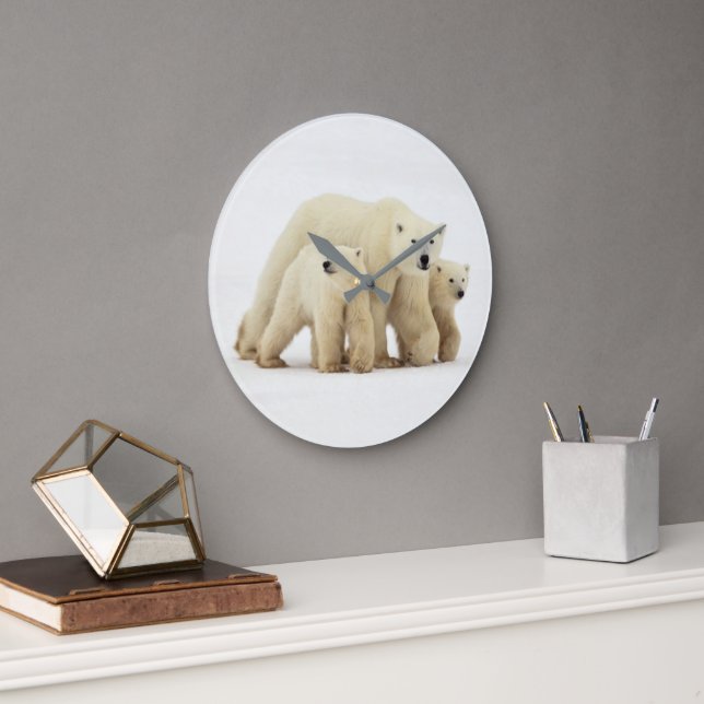 Grande Horloge Ronde Animaux de bébés cutest | Famille d'ours polaires (Bureau)