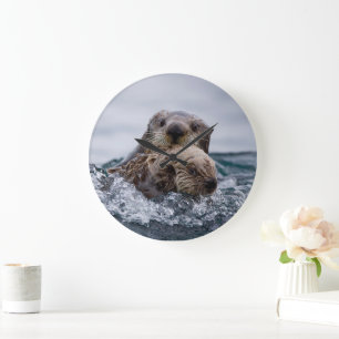 Grande Horloge Ronde Animaux de bébés cutest   Otter Baby & Mère
