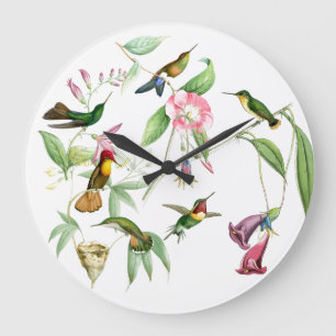 Grande Horloge Ronde Animaux de faune d'oiseaux de fleurs de colibris