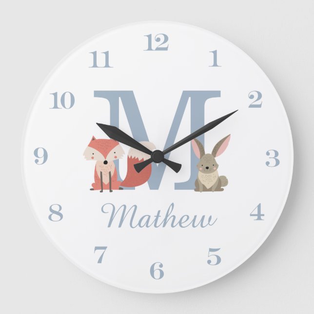 Grande Horloge Ronde Animaux de la forêt Bleu Bébé Garçon Monogramme In (Recto)