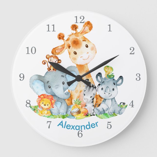 Grande Horloge Ronde Animaux de la jungle de safari mignons aquarelle b (Recto)