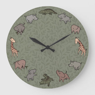 Grande Horloge Ronde Animaux de la savane (éléphant, girafe, croco & rh