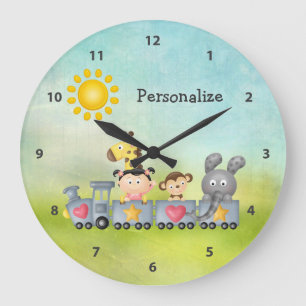 Grande Horloge Ronde Animaux mignons et fille dans un train