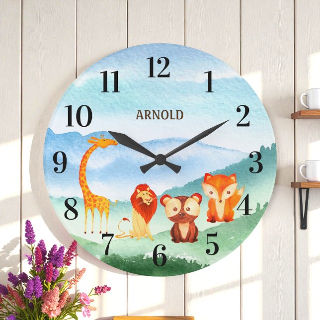 Grande Horloge Ronde Animaux mignons pour la nurserie, forêt verte et b (Créateur téléchargé)