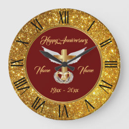 Grande Horloge Ronde Anneaux de mariage personnaliser croix dorée anniv