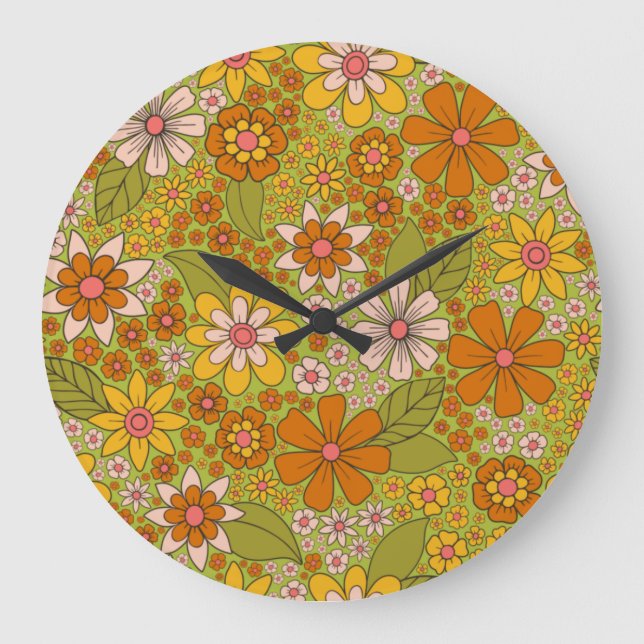 Grande Horloge Ronde Années 1960, 1970 Vert & Orange Retro Floral (Recto)