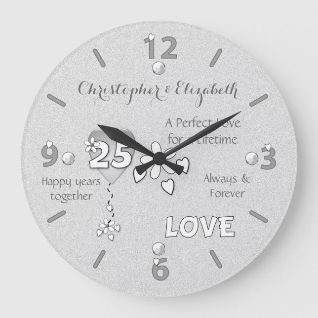 Grande Horloge Ronde Anniversaire 25 ans coeurs fleurs et noms (Recto)