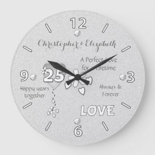 Grande Horloge Ronde Anniversaire 25 ans coeurs fleurs et noms