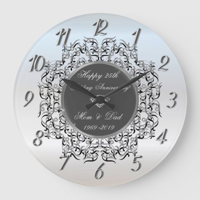 Grande Horloge Ronde Anniversaire de Chic Swirls Silver 50 Mariage (Recto)