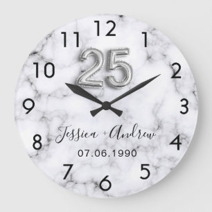Grande Horloge Ronde anniversaire de mariage 25 ans en marbre argenté