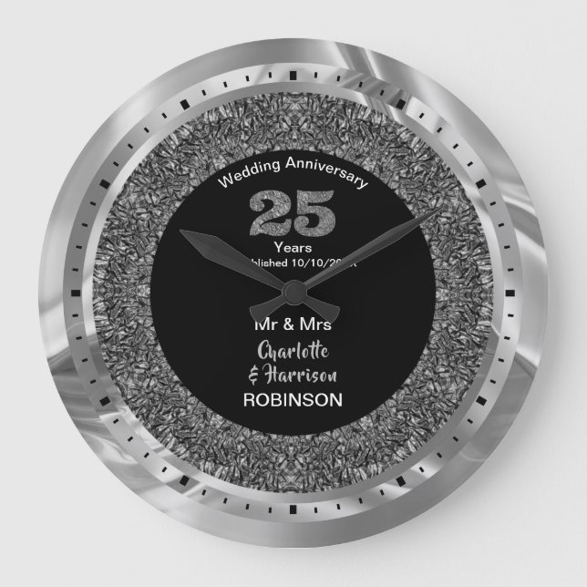 Grande Horloge Ronde Anniversaire Mariage Argent 25 Ans Personnalisé (Recto)