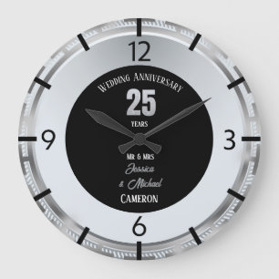 Grande Horloge Ronde Anniversaire Mariage Argent 25 Ans Personnalisé
