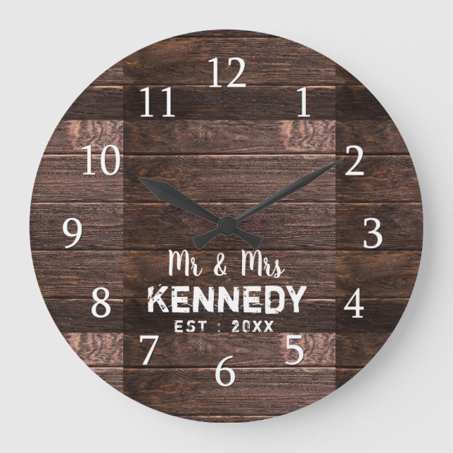 Grande Horloge Ronde Anniversaire personnalisé du Mariage de bois rusti (Recto)