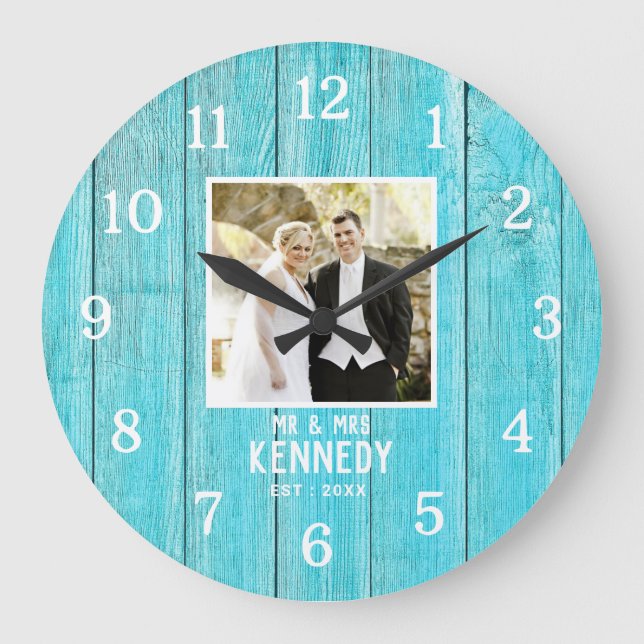 Grande Horloge Ronde Anniversaire photo Mariage personnalisé Bois bleu (Recto)