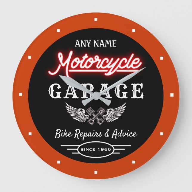 Grande Horloge Ronde Any Red Faux Neon Garage Date Orange Black  (Recto)
